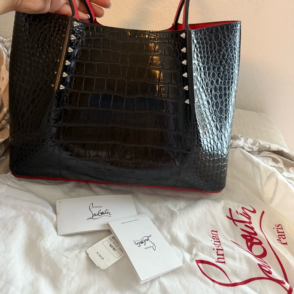 Christian Louboutin Black and Red Croc-Embossed Tote
